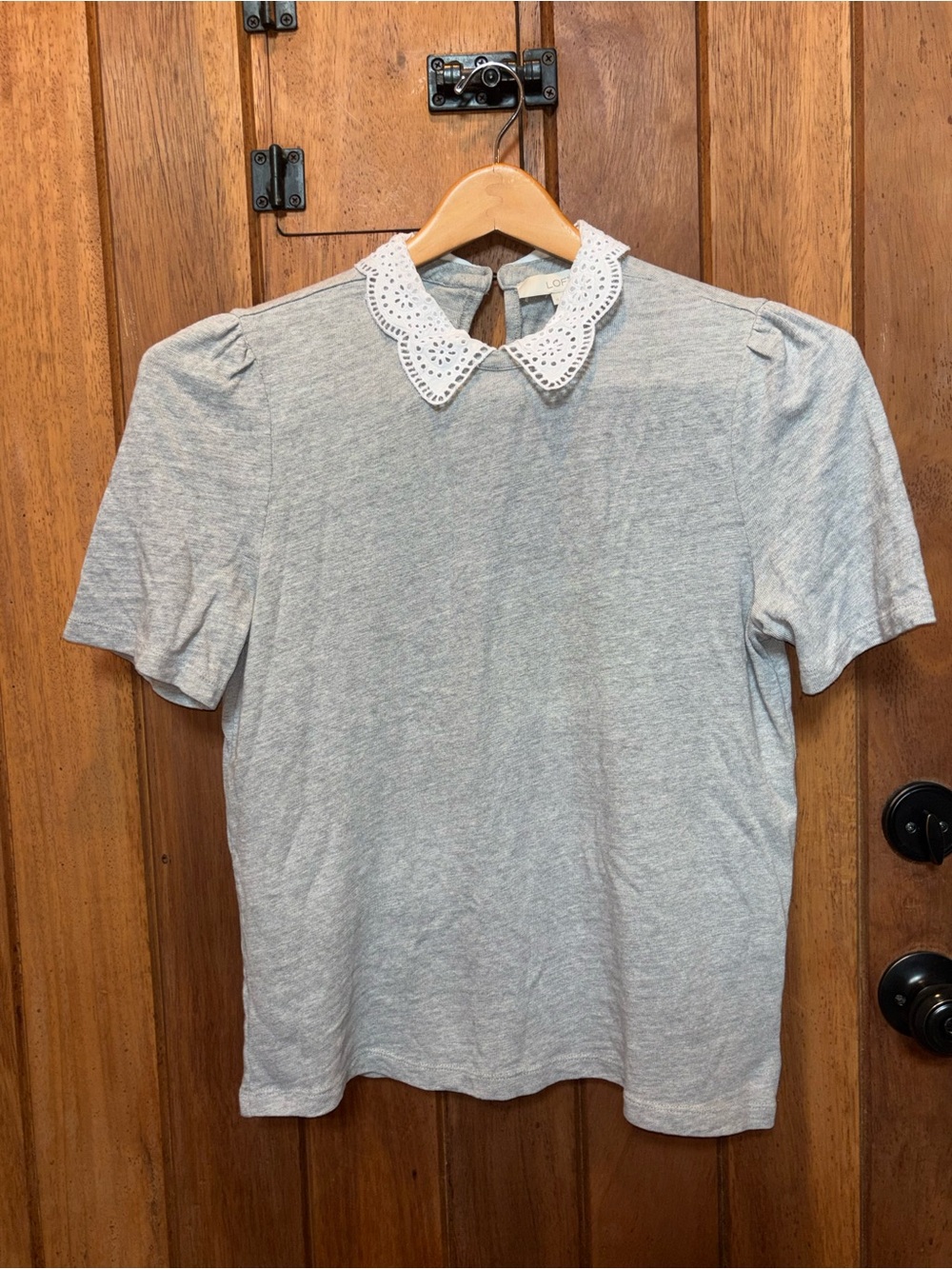 LOFT Gray Knit Top with White Eyelet Peter Pan Collar